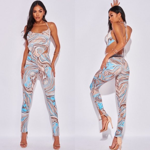 Tops - Blue Marble Print Sleeveless Backless Crop Top and Leggings Pants Two Piece Set